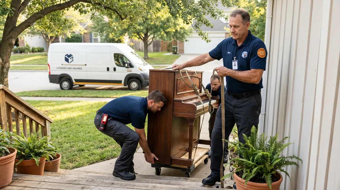 Licensed piano movers securing grand piano in Boonton, NJ