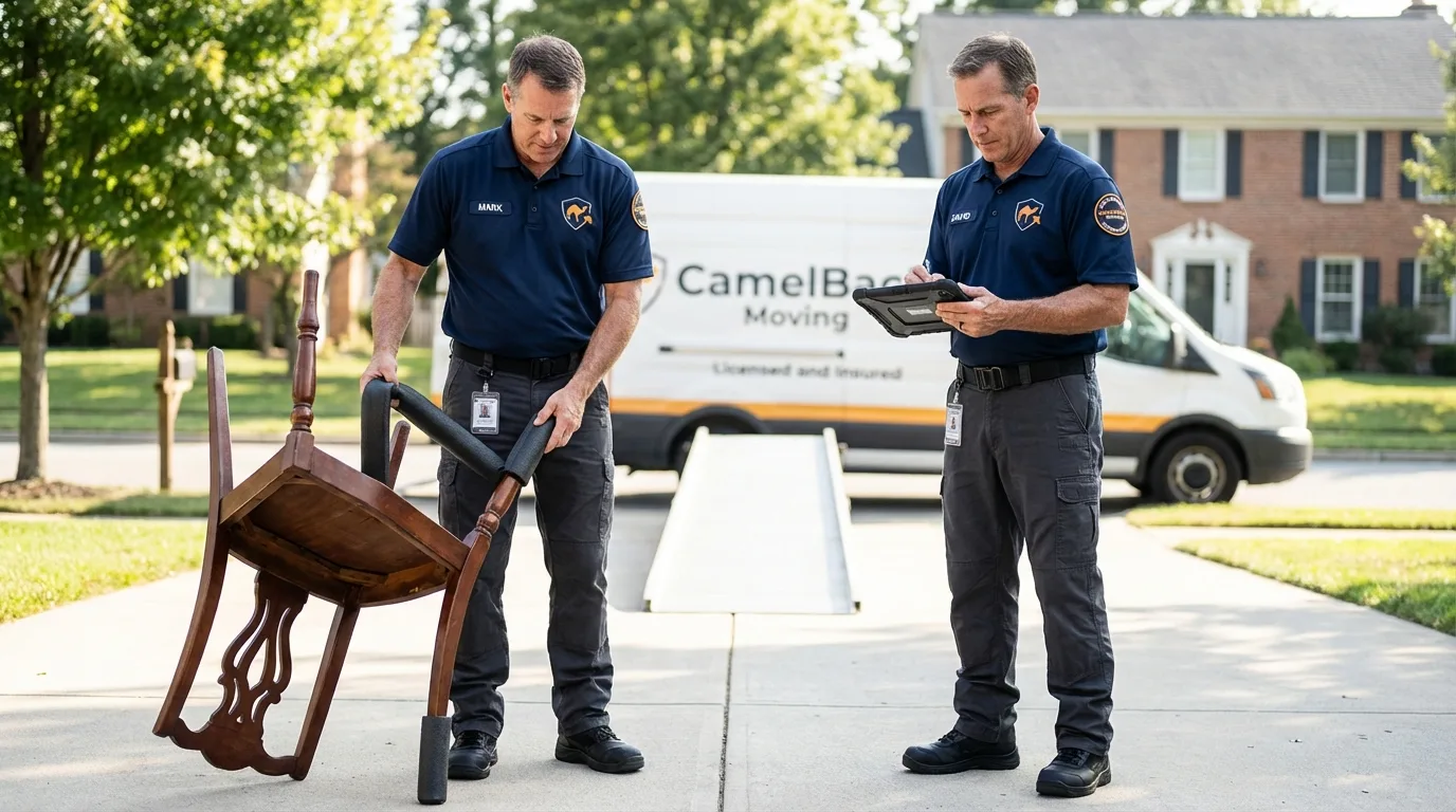 Movers inspecting furniture for damage prevention before loading in Boonton, NJ
