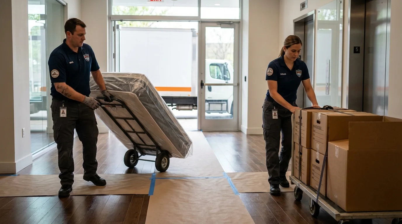 Professional apartment movers loading elevator in Boonton, NJ